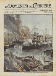 Das russische Schlachtschiff Kniaz Potemkin, dessen Besatzung meuterte, setzt den Hafen von Odessa in Brand und bombardiert ihn